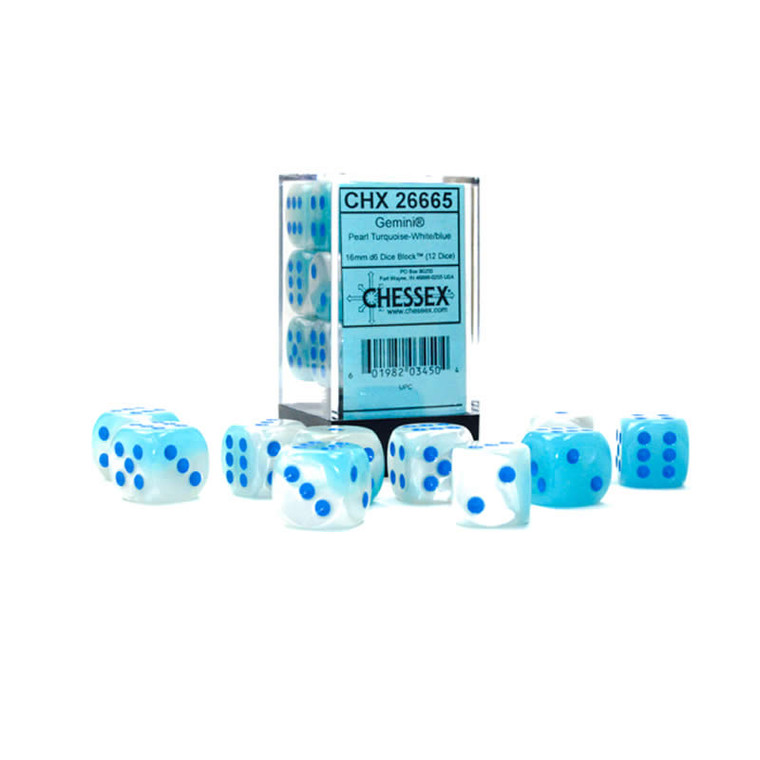 16mm d6 Dice Block (12):Gemini Pearl Turquoise-White/blue