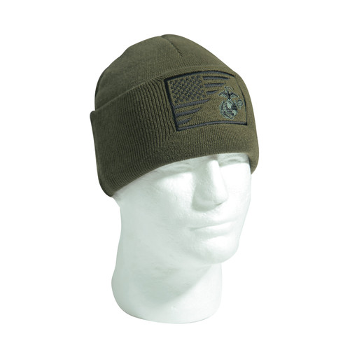 Rothco USMC Eagle, Globe and Anchor / US Flag Deluxe Fine Knit Watch Cap - Olive Drab