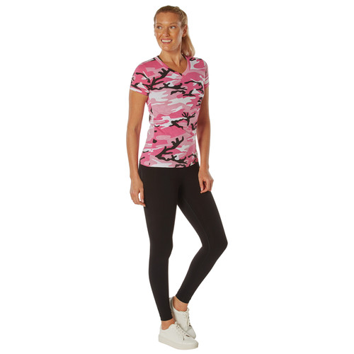 Rothco Womens Long Length Camo V-Neck T-Shirt - Pink Camo