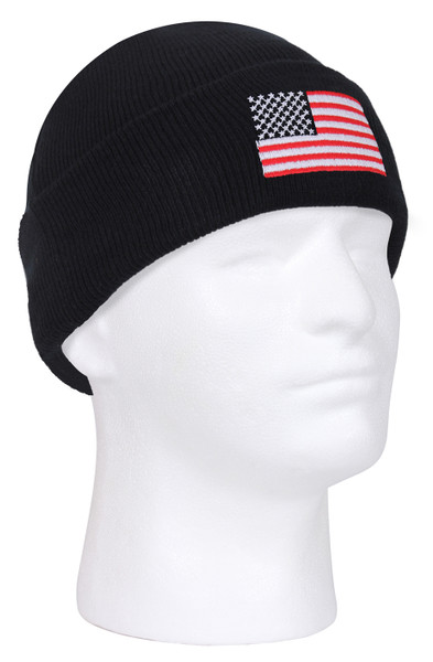 Rothco US Flag Embroidered Fine Knit Watch Cap - Black