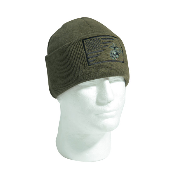 Rothco USMC Eagle, Globe and Anchor / US Flag Deluxe Fine Knit Watch Cap - Olive Drab