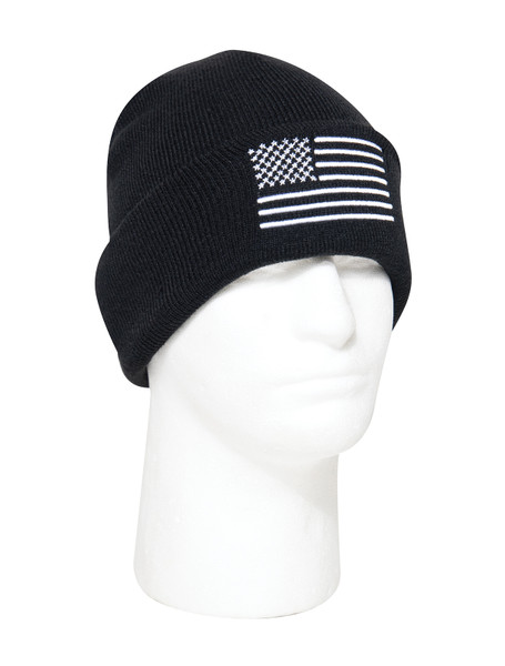 Rothco US Flag Embroidered Fine Knit Watch Cap - Black / White