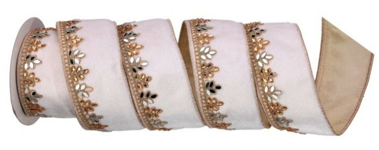 Ivory Velvet w/Jewel Leaf Edge Ribbon 2.5