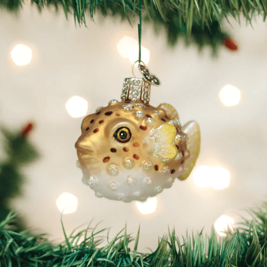 Old World Pufferfish Glass Christmas Ornament 