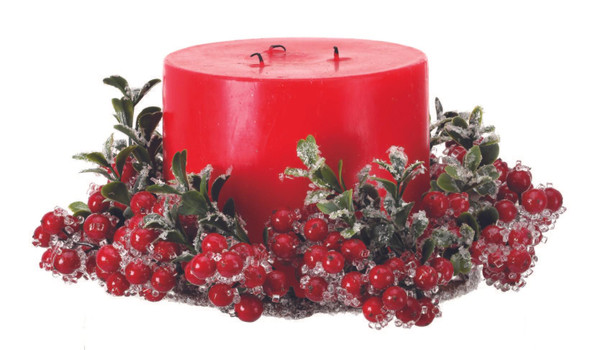 Frosted Red And Green Iced Berry Boxwood Candle Ring 10" 