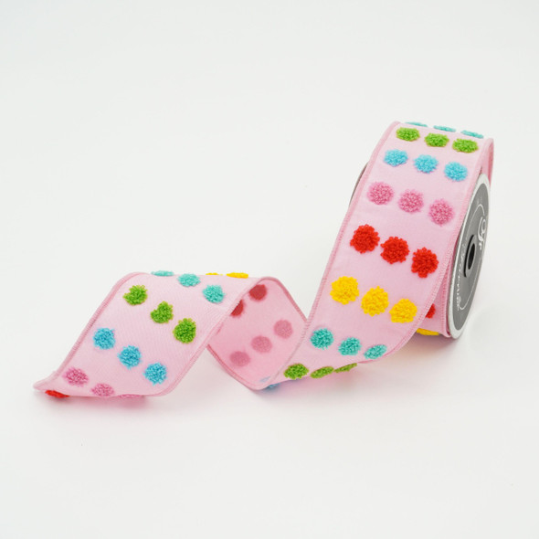 Pink Pompoms Ribbon with Multi Dots 