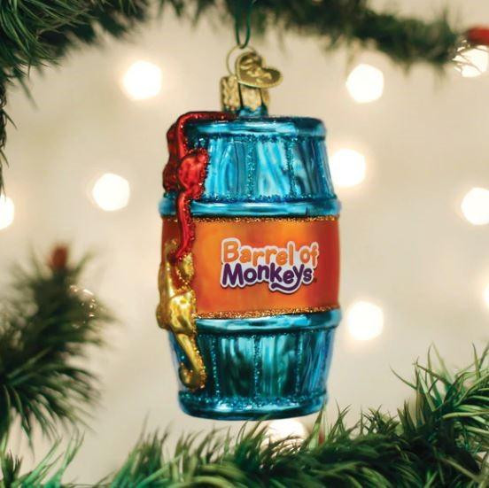 Old World Barrel Of Monkeys Glass Christmas Ornament 