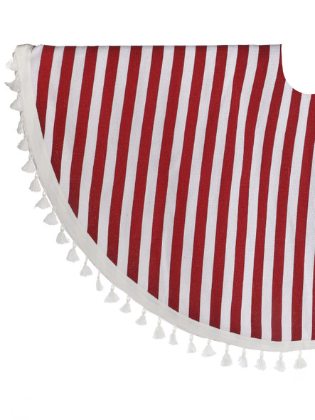 Red and White Cotton Ticking Stripe Tree Skirt With White Tassels 