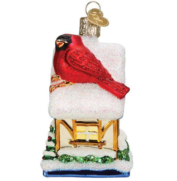 Old World Cardinal Birdhouse Glass Christmas Ornament 
