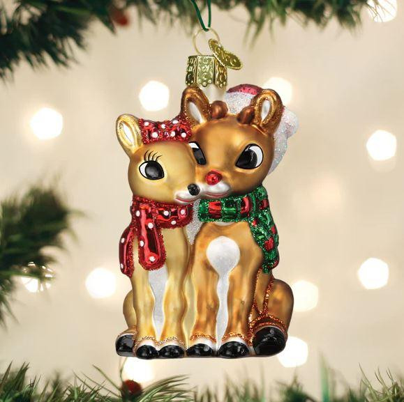 Old World Rudolph and Clarice Glass Christmas Ornament 