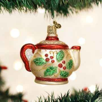 Old World Holly Teapot Glass Christmas Ornament 