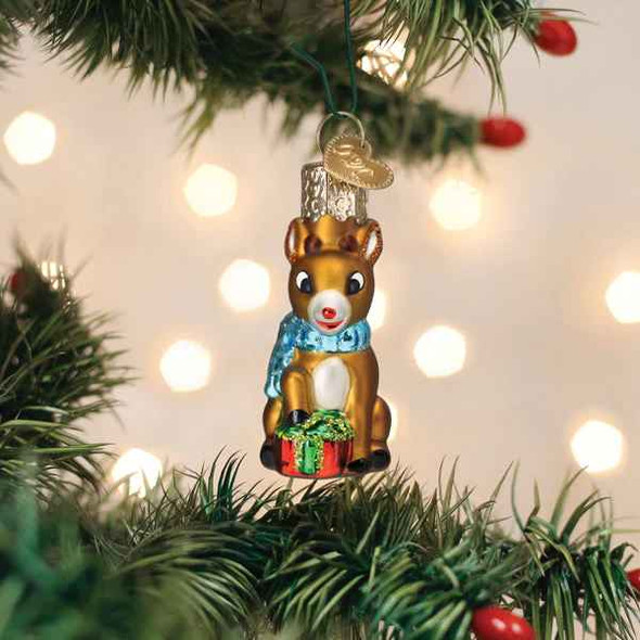 Old World Mini Rudolph The Red-Nosed Reindeer Glass Christmas Ornament 