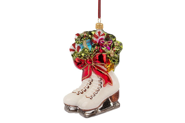 Huras Family Ice Skates with a Red Bow European Blown Ornament 