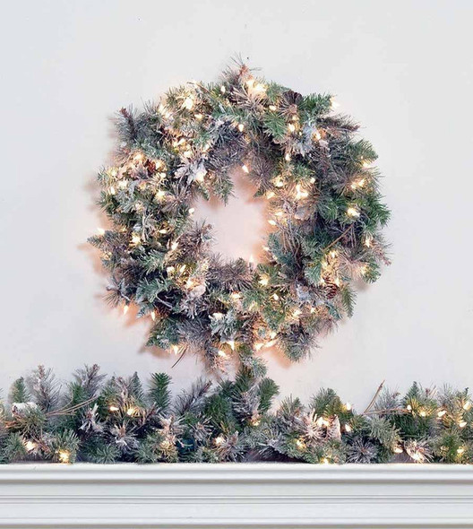 24" Frosted Virginia Wreath - Clear LED