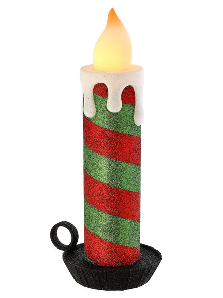 Red/Green Vintage Candle w/Base, 16" LED/Btry/Tmr/USB