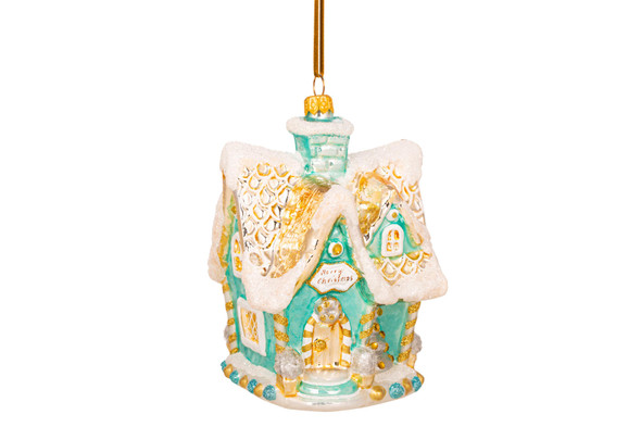 Huras Family Turquoise & Gold Gingerbread House European Blown Ornament 