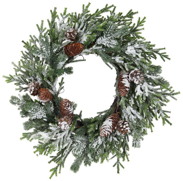 Snowy Pine/Pinecone Wreath Green and White 18"