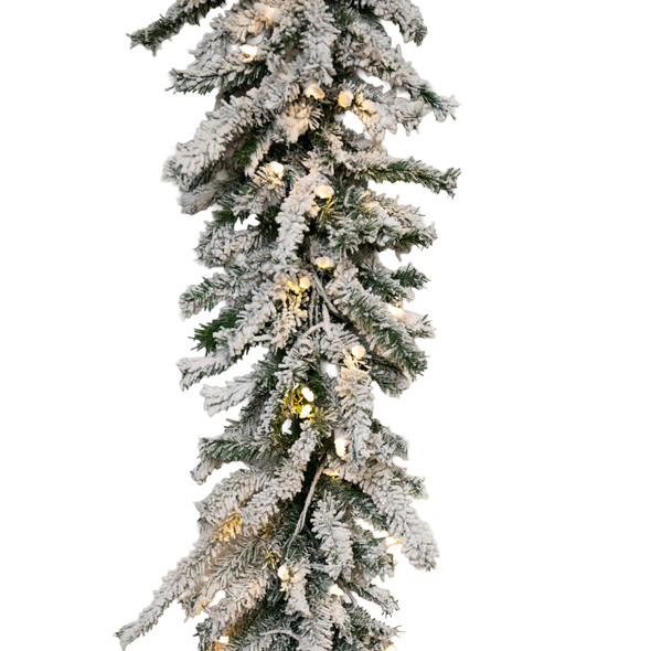 6' X 14" Flocked Lucerne Garland- Battery Operated Clear LED