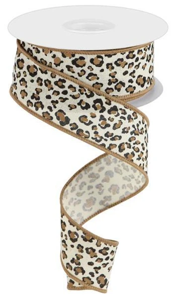 Mini Leopard Print on Royal Cream, Black Brown Ribbon  1.5"x 10yds 