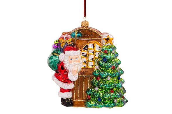 Huras Family Santa Sneaking In European Blown Ornament 