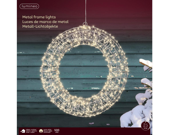 Micro LED Warm White Metal Wreath Frame Light Set 15" D, 500lts with Silver Wire 