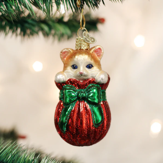 Old World Letting The Cat Out Of The Bag Glass Christmas Ornament