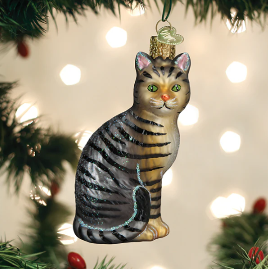 Old World Tabby Cat Glass Christmas Ornament
