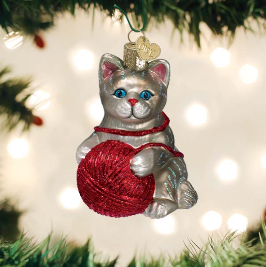 Old World Grey Playful Kitten Glass Christmas Ornament