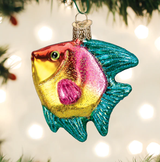 Old World Pink/Yellow Tropical Angelfish Glass Christmas Ornament