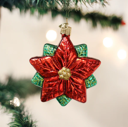 Old World Poinsettia Star Glass Christmas Ornament