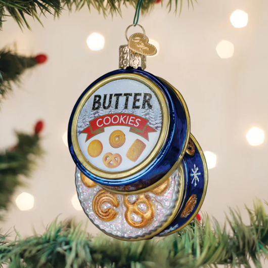 Old World Butter Cookies Tin Glass Christmas Ornament