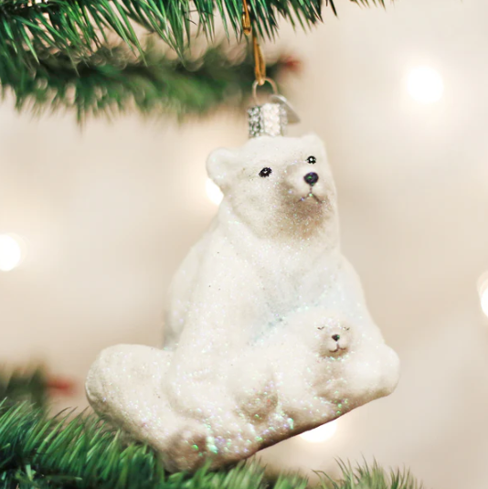 Old World Polar Bear with Cub Glass Christmas Ornament