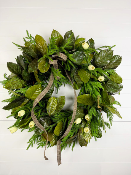 30" Green Magnolia Leaf & Norfolk Wreath w/Natural Touch Cream Tulips & Bow