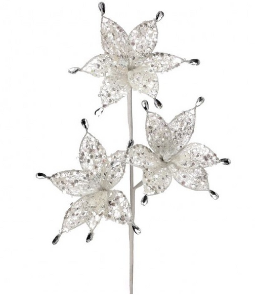 Triple Crystal Glitter Poinsettia Stem 24"