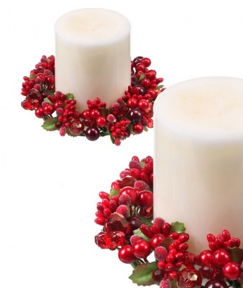 6" RED/BURG PEARL BERRY/JEWEL CANDLE RING-4"