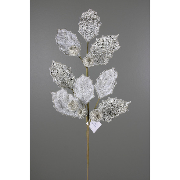 27" Platinum Glitter Berry Leaf Spray