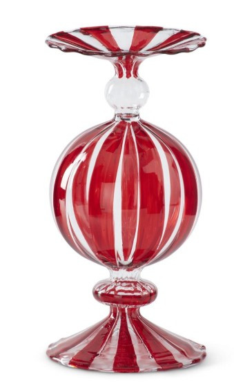 8.5" Hand Painted Red Striped Glass Peppermint Candy Candle Holder