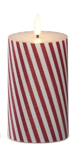 6" Thin Red & White Glittered Striped LED Pillar Candle w/Timer