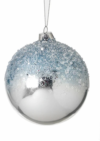 Metallic Ice And Sequin Glass Ball Ornament Blue 4"