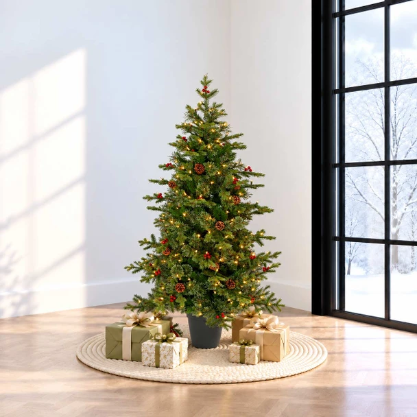 5-foot Potted Timberline Christmas tree with clear lights in a modern room