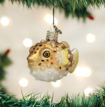 Old World Pufferfish Glass Christmas Ornament 