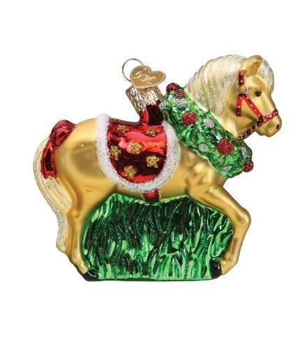 Old World Horse With Wreath Glass Christmas Ornament 