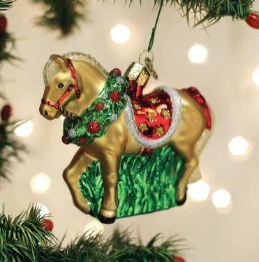 Old World Horse With Wreath Glass Christmas Ornament 