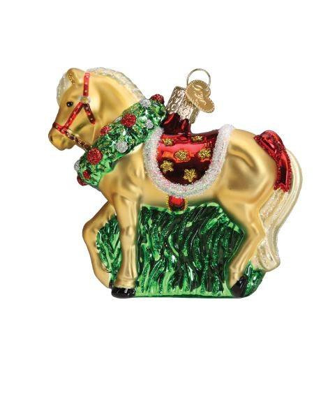 Old World Horse With Wreath Glass Christmas Ornament 