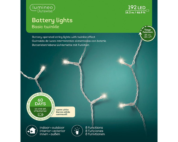 LED Durawise Warm White Battery Operated 192 Count Light Set 47 ft. with Transparent Wire 