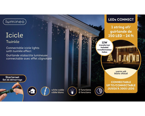 LED Warm White 24.1ft. Connectable Icicle Light Set With White Wire 