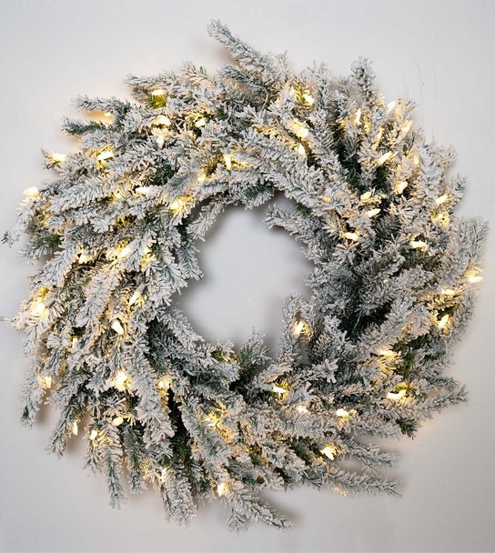 24" Flocked Lucerne Wreath - Battery-Op Clear 