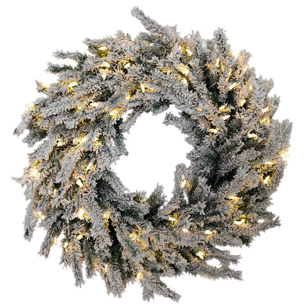 24" Flocked Lucerne Wreath - Battery-Op Clear 