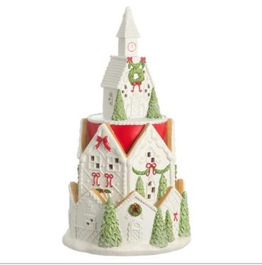 Christmas House with Light, White w/Red and Green Accents 20" B/O 