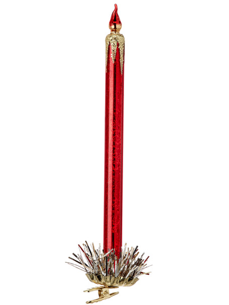 Glass Burgundy Candle Ornament With Gold Accents With Clip 10"